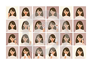 Face expressions of woman. Different female emotions and poses set