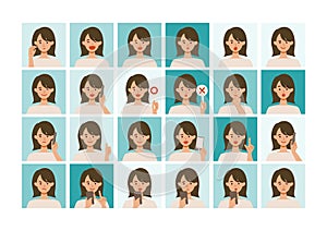 Face expressions of woman. Different female emotions and poses set