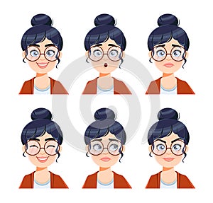 Face expressions of woman in glasses