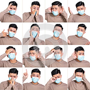 Face expressions of young man in medical mask . Different  emotions collection