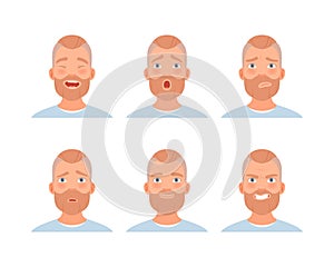 Face expressions of young man set. Bearded male character with sceptic, angry, happy, upset face cartoon vector