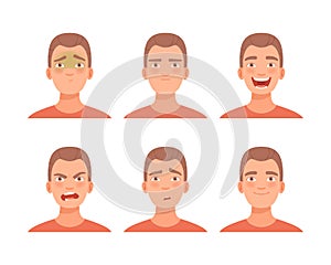 Face expressions of young man set. Male character with sceptic, angry, happy, upset, cheerful face cartoon vector