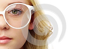 Face, eye and glasses with woman for vision and optometry, eyecare and wellness with health on white background. Cropped
