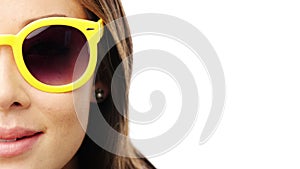 Face, eye and sunglasses with woman for vision and optometry, eyecare and safe from sun on white background. Cropped