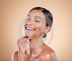 Face, eyes closed or makeup on happy woman in studio isolated on beige background for skincare. Facial smile, natural