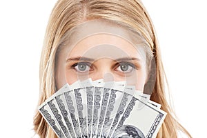 Face, eyes and woman with money fan, bonus for success or reward, cashback or lotto win on white background. Cash, award