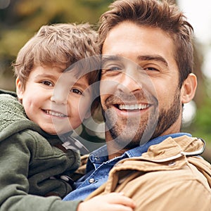 Face, father and happy with kid outdoor for bonding to play for child development and growth as parent. Portrait, dad