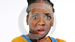 Face, fear, shocked, concerned and worried with a black woman in studio isolated on a white background looking afraid