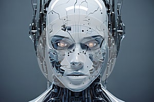 face of female android bio robot, close portrait, concept of cybernetics and biomechanics and robotics of future