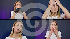 Face fitness coach is demonstrating exercises for facial muscles, oral self-massage, collage