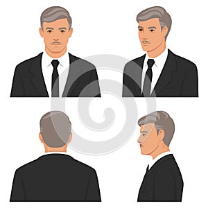 Face in front view and side view, old man Front, side, back, view animated businessman character. Flat vector