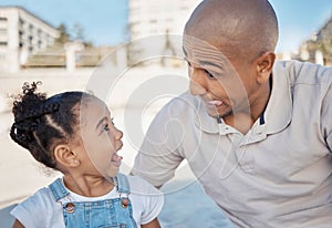 Face, funny and joke with a father and daughter playing together or bonding outdoor in a city during summer. Family