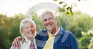 Face, funny and senior couple in nature, having fun and bonding together. Portrait, happy and elderly man and woman