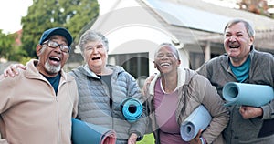 Face, funny or senior friends in fitness training together for health, wellness or exercise in retirement. Women