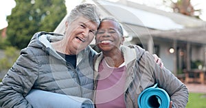 Face, funny or senior women in fitness training together for health, wellness or exercise in retirement. Laughing