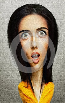 Face of funny surprised woman with big head and eyes