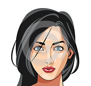 Face girl blue eyes black hair long attractive