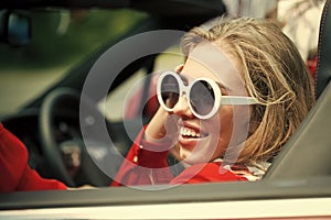 Face girl for magazine cover. Girl face portrait in your advertisnent. Car retro woman happy in vintage car