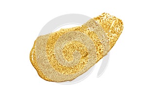 Face gold scrub creamy texture. Yellow natural cosmetic exfoliation cleanser smear smudge isolated on white. Facial mask