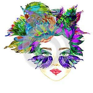 Face with green fairy eyes with makeup, blue and turquoise butterfly wings shape eyeshadows look like mask, floral abstract