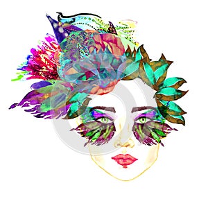 Face with green fairy eyes with makeup, turquoise, purple butterfly wings shape eyeshadows, floral abstract hairstyle