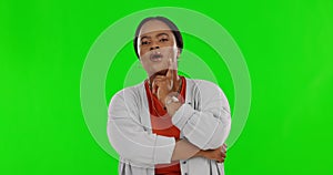 Face, green screen and black woman with ideas, thinking and ponder against a studio background. Female, mindset and