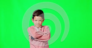 Face, green screen and boy with arms crossed, angry and frustrated against studio background. Portrait, male child or