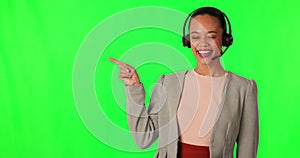 Face, green screen and woman with call center, pointing and customer service agent on a studio background. Portrait