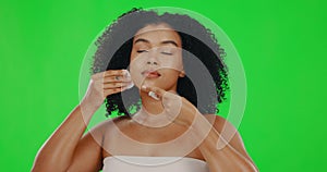 Face, green screen and woman with cotton pad for cosmetics, skincare and makeup removal. Dermatology, luxury spa and