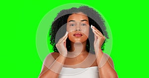 Face, green screen and woman with skincare, cotton pad and cosmetics against a studio background. Portrait, female