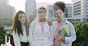 Face, group of college students and women in city standing together outdoor. Friends, university girls and serious