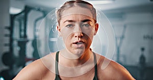 Face, gym and tired with woman, sweating and exercise with endurance and challenge with progress. Portrait, person or