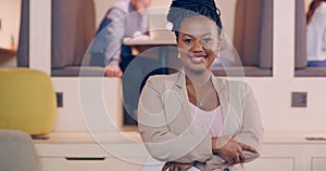 Face, happy and black woman in business with arms crossed in office, corporate entrepreneur coworking or smile. Portrait