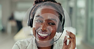 Face, happy and black woman with telemarketing, agent and technical service with headphones. Crm, African person and