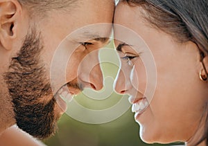 Face of happy couple touching head in love, care and happiness in garden, park or spring nature outdoors. Closeup young