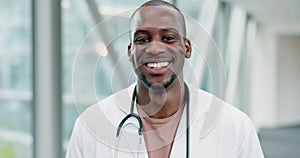 Face, happy doctor and black man in hospital for healthcare, support and wellness. African medical professional