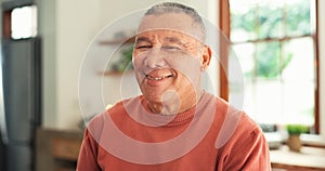 Face, happy and elderly man in home, kitchen and apartment house for retirement. Portrait, confidence and senior person