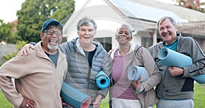 Face, happy or senior friends in fitness training together for health, wellness or exercise in retirement. Women, mature