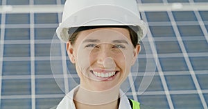 Face, happy woman and engineer at solar panel outdoor for clean, green and renewable energy. Portrait, smile and