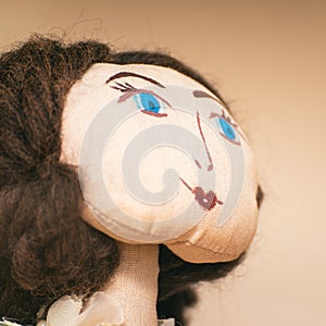 The face of a homemade rag doll with blue eyes. Portrait of a rag doll