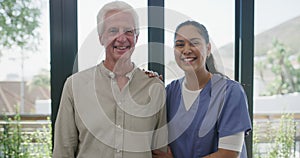 Face, hug and elderly man with nurse, smile and happiness with support, healthcare and wellness. Portrait, caregiver and