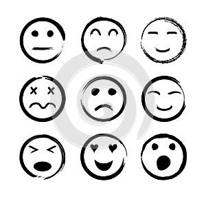 Face icons. Emoticon with emotions of happy, sad, funny, angry, love, cry and laugh. Sketch smiles. Set with doodle emoji. Black