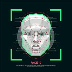 Face ID concept. Biometric identification or Facial recognition system. Human face consisting of polygons, points and