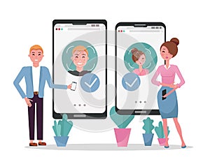 Face id concept. Woman and man with mobile phones. Female and male faces on big smartphone screens. Personality