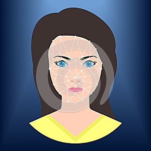 Face ID icon. Facial recognition technology. Biometric verification. Female avatar. Young woman face. Vector illustration