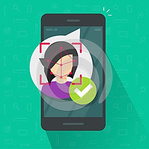 Face id recognition via mobile phone vector illustration, flat cartoon smartphone using facial scanning identification