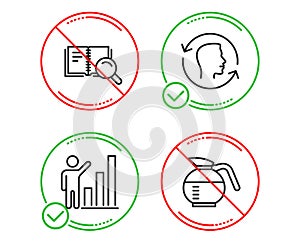 Face id, Search book and Graph chart icons set. Coffeepot sign. Vector