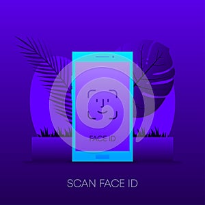 Face ID verification on phone concept on dark gradient background. Vector illustration.