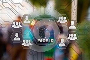 FACE IDENTIFICATION on the touch screen for log on to the network, on people blur background.Concept of Scanning,facial recognitio