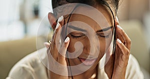 Face of indian woman, pain and headache in home for depression, mental health and anxiety of fatigue, mistake and stress